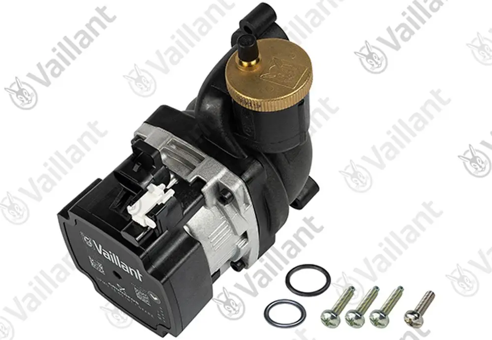 Vaillant Pumpe in Schwarz und Silber mit goldener Schraube, inklusive vier Schrauben und Dichtungen, für den Einsatz in Heizsystemen.